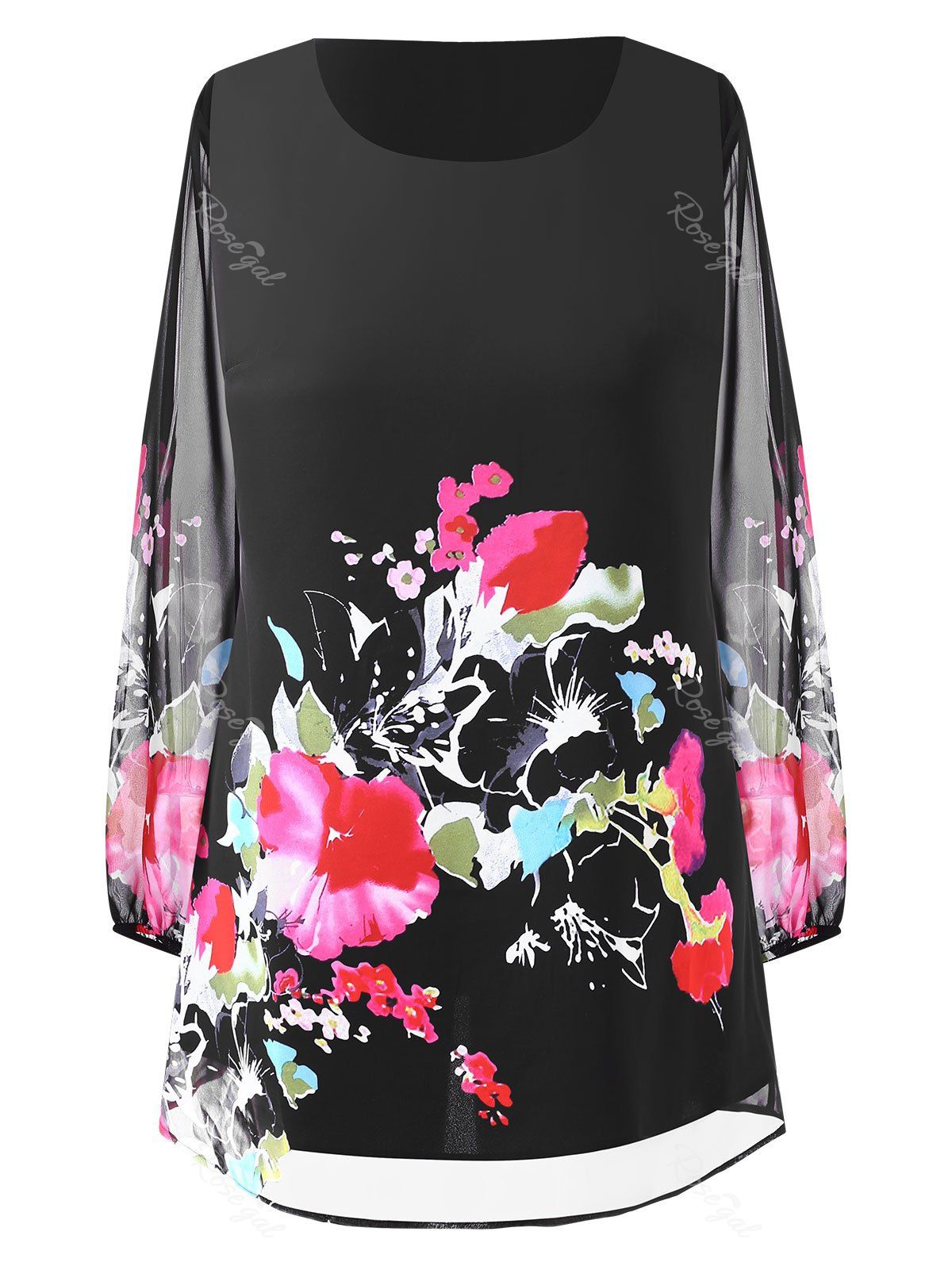 

Plus Size Chiffon Panel Floral Shift Dress, Black