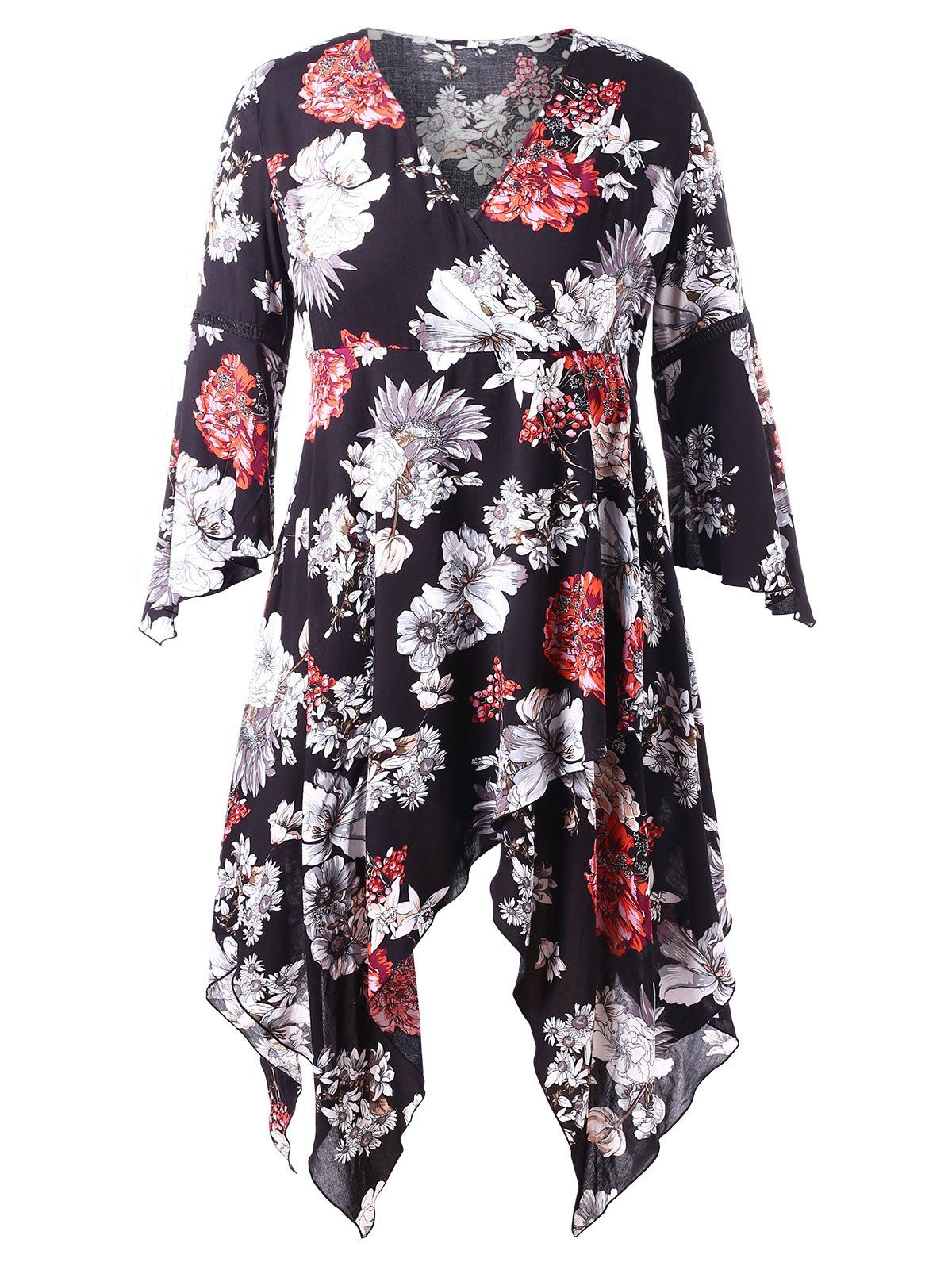 

Plus Size Flare Sleeve Floral Handkerchief Dress, Black