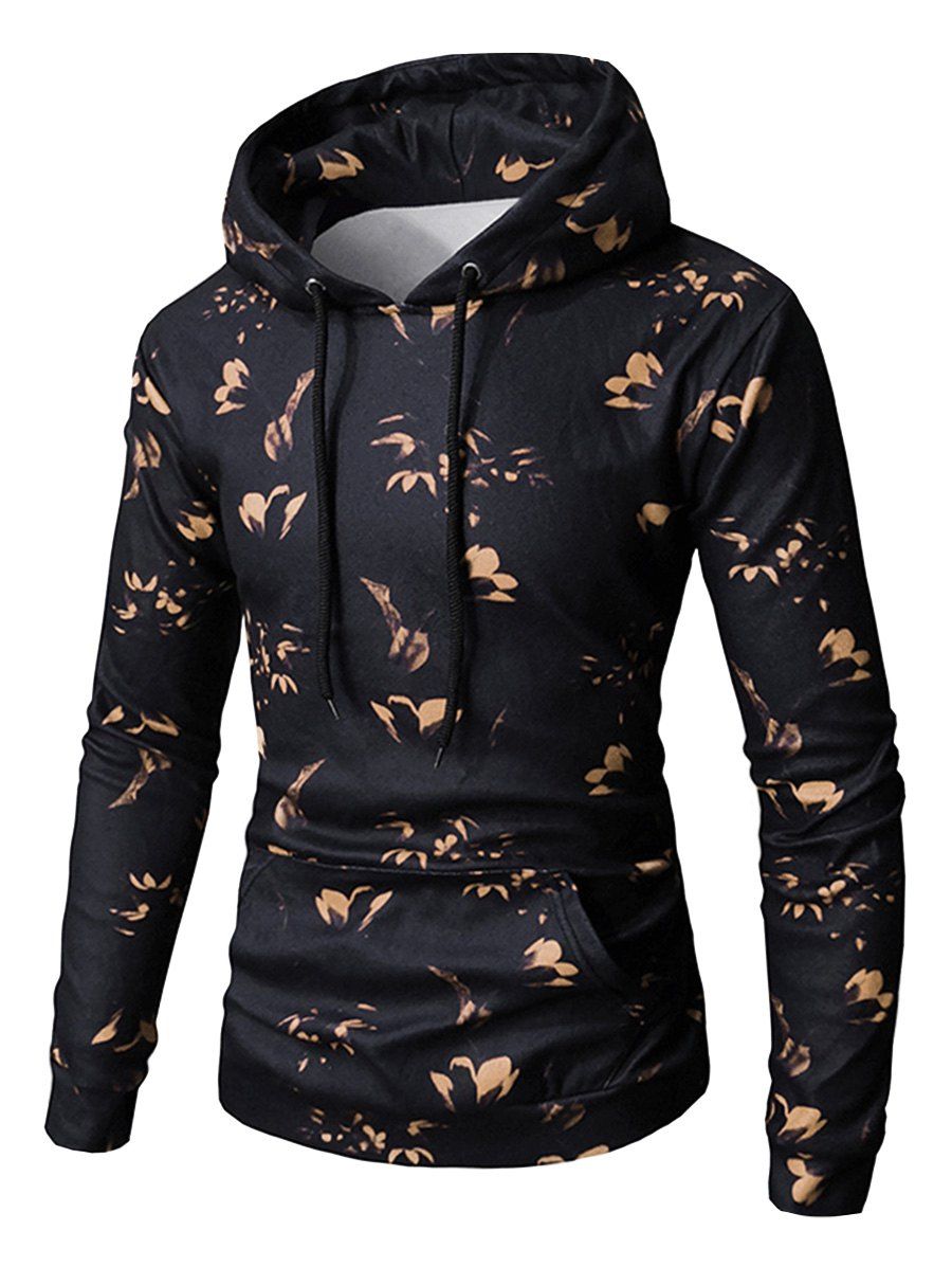 

Drawstring Flower Print Pullover Hoodie, Light khaki