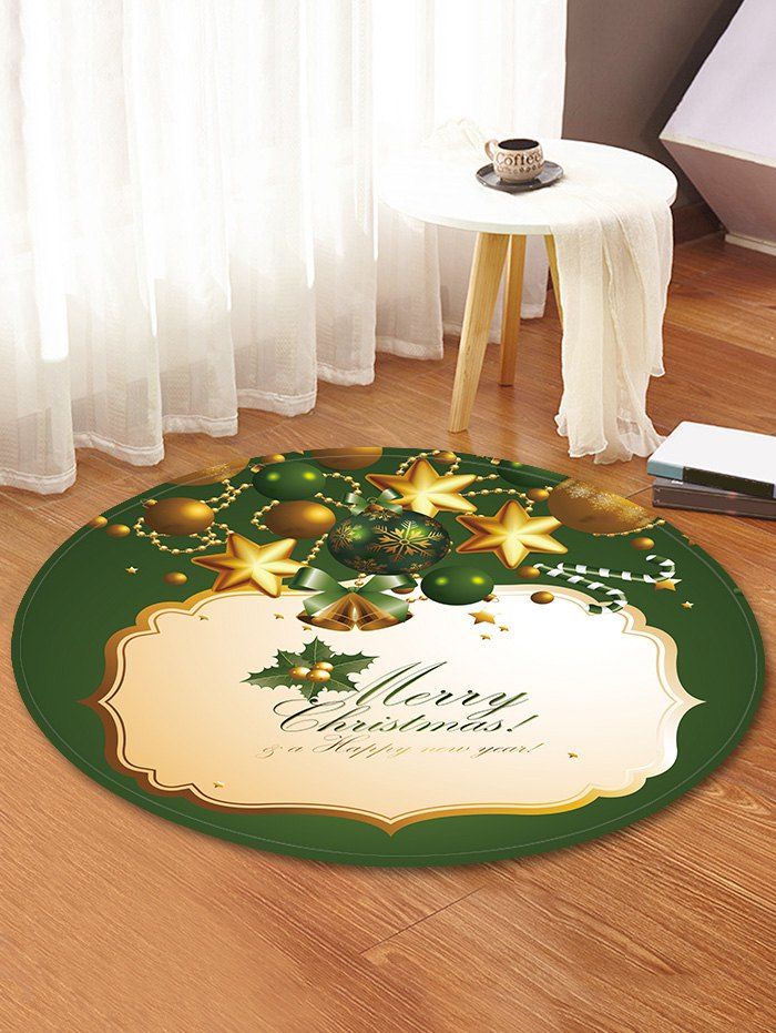 

Christmas Bell Star Printed Decorative Round Floor Rug, Fern green