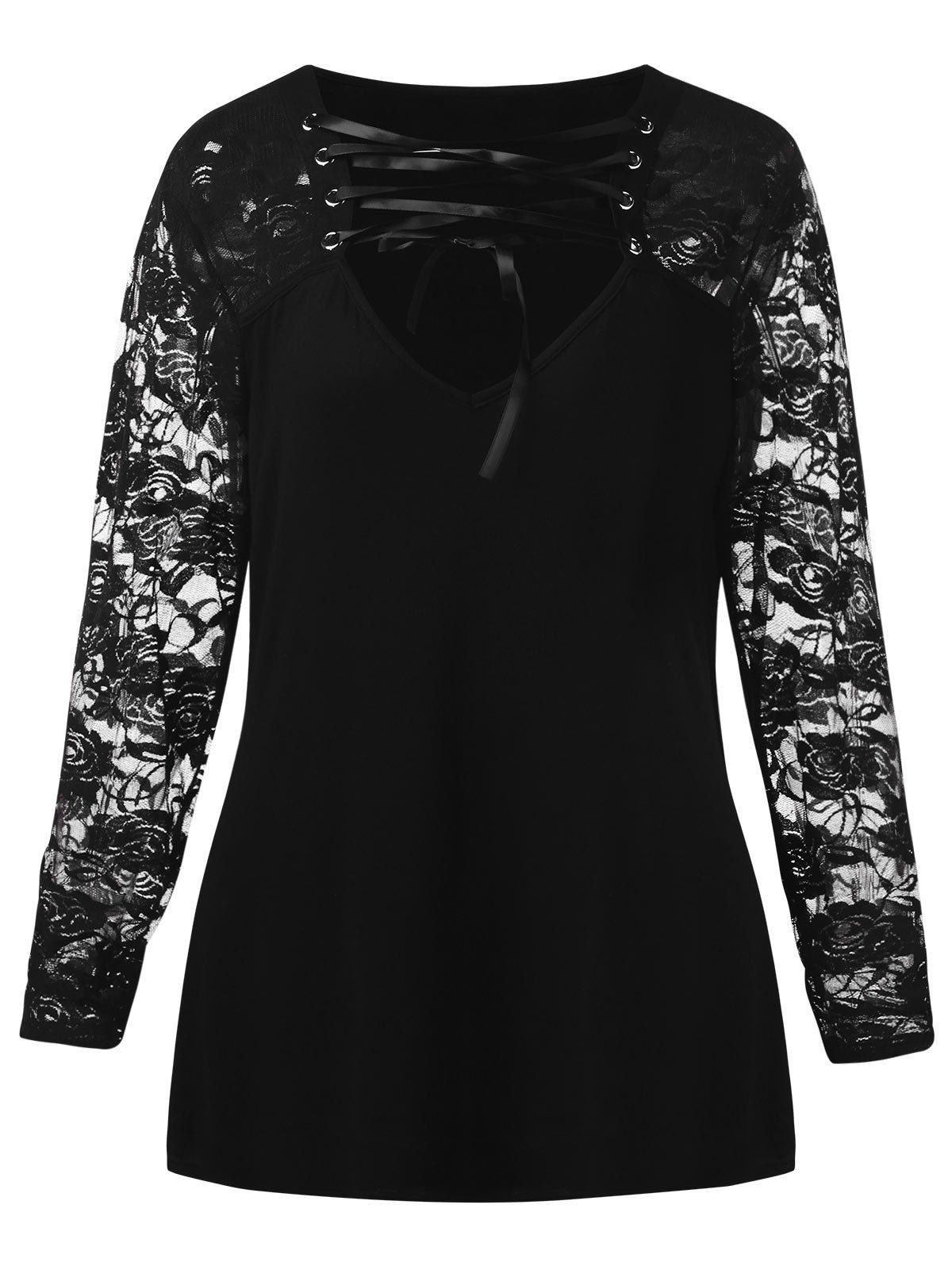 

Plus Size Sheer Lace Insert Tee, Black