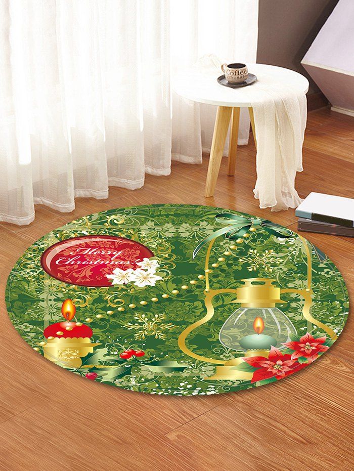 

Merry Christmas Candle Printed Decorative Round Floor Rug, Fern green