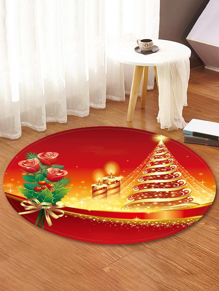 

Christmas Tree Flower Printed Decorative Round Floor Rug, Lava red