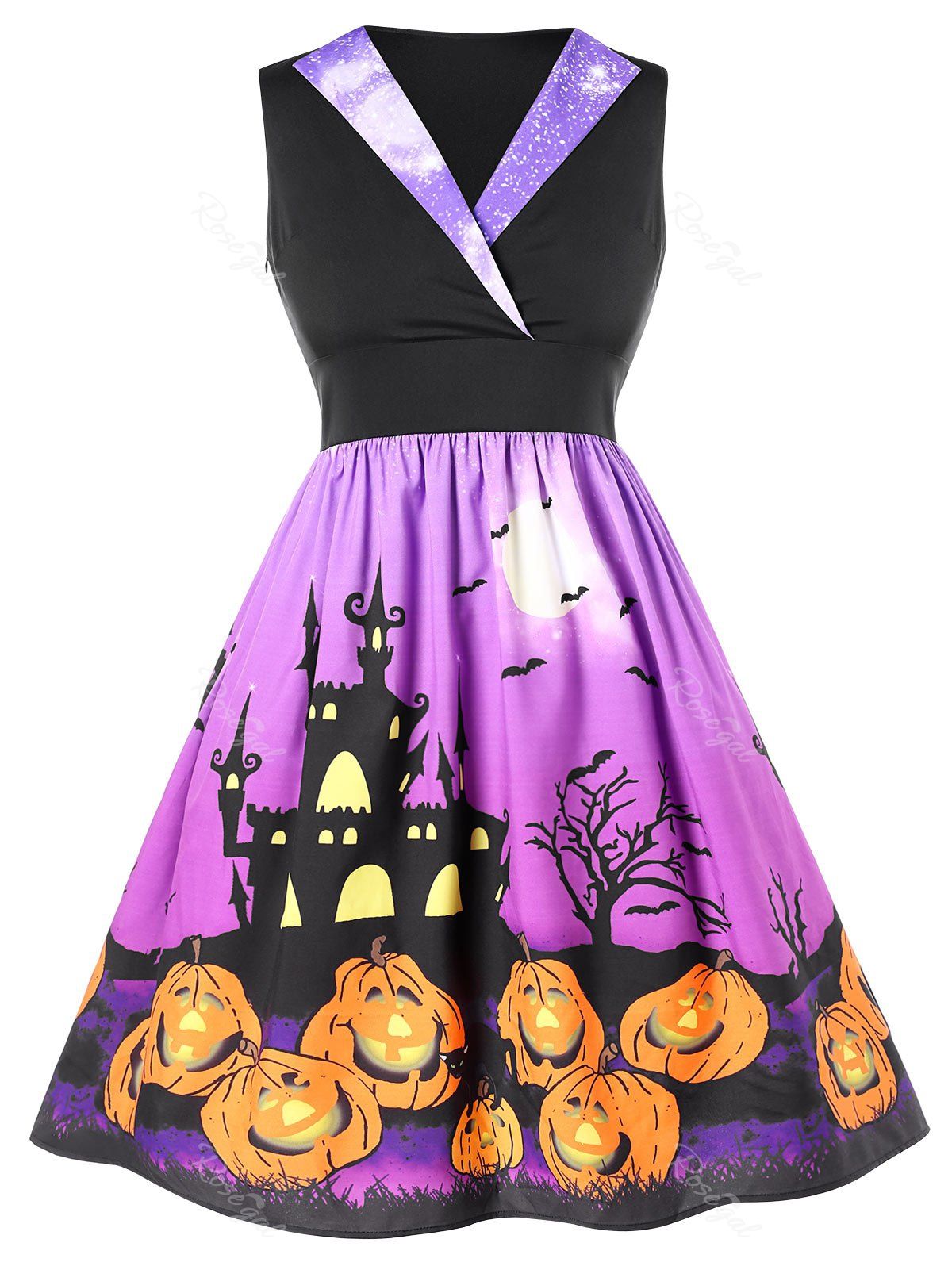

Plus Size Halloween Pumpkin Printed Vintage Dress, Black