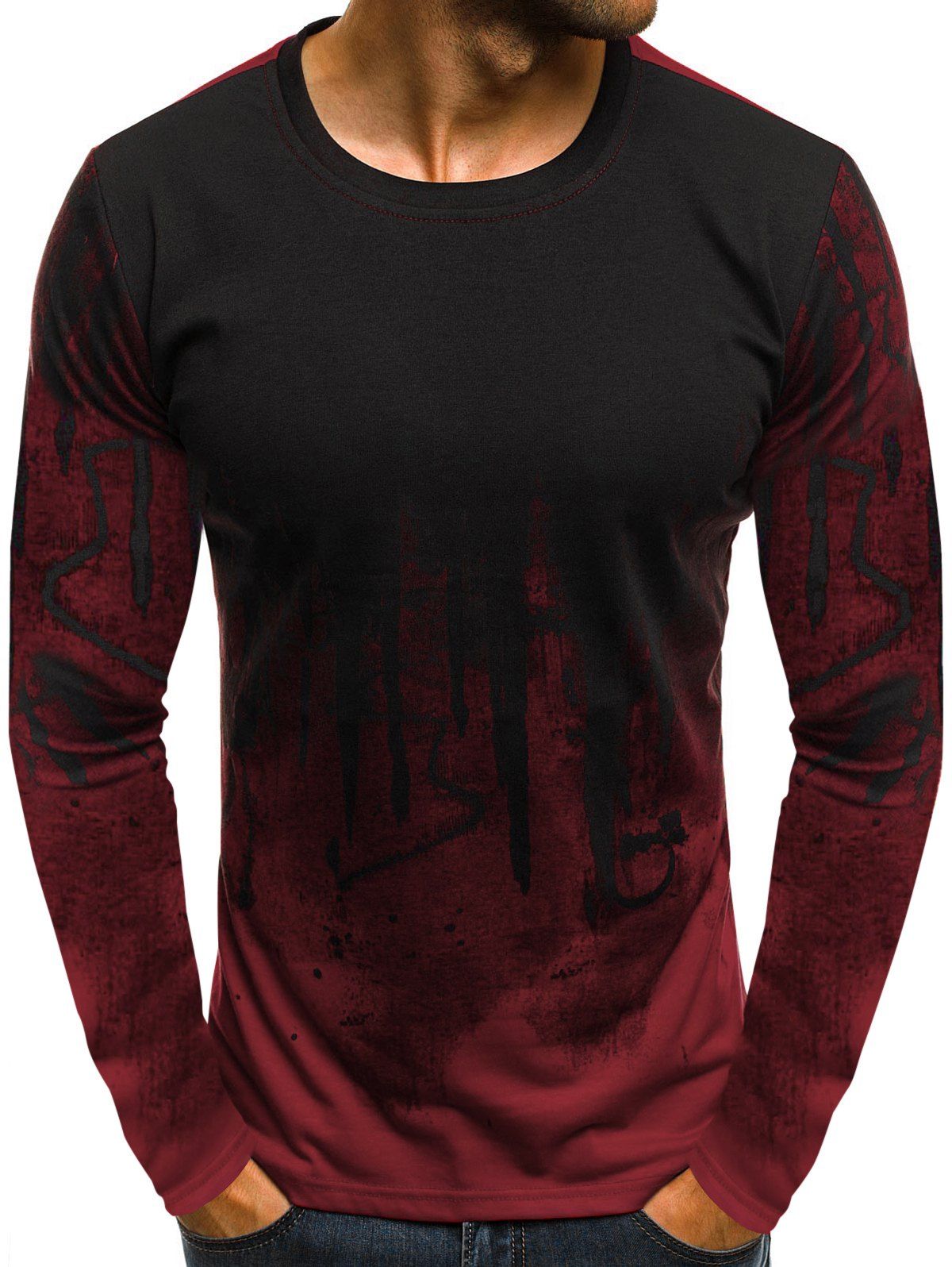 

Ink Painting Print Long Sleeve Casual T-shirt, Red wine