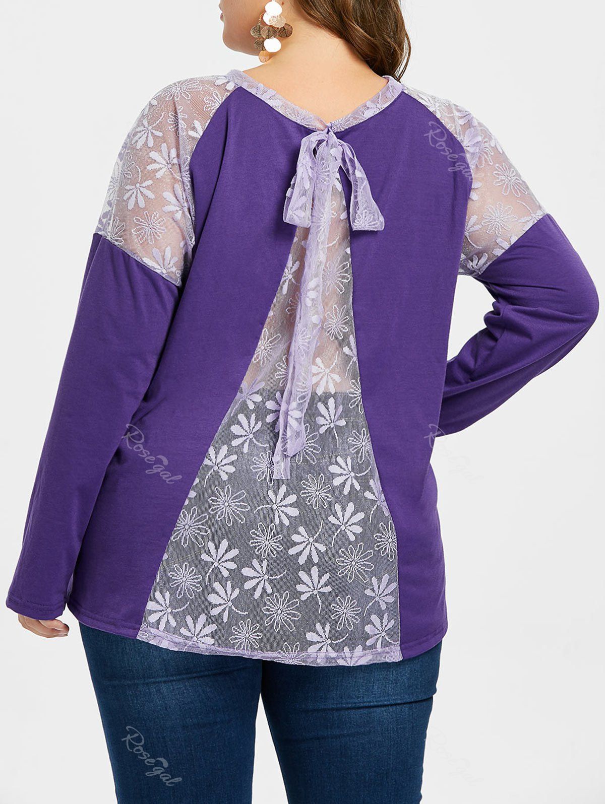 

Plus Size Lace Back Tie T-shirt, Purple