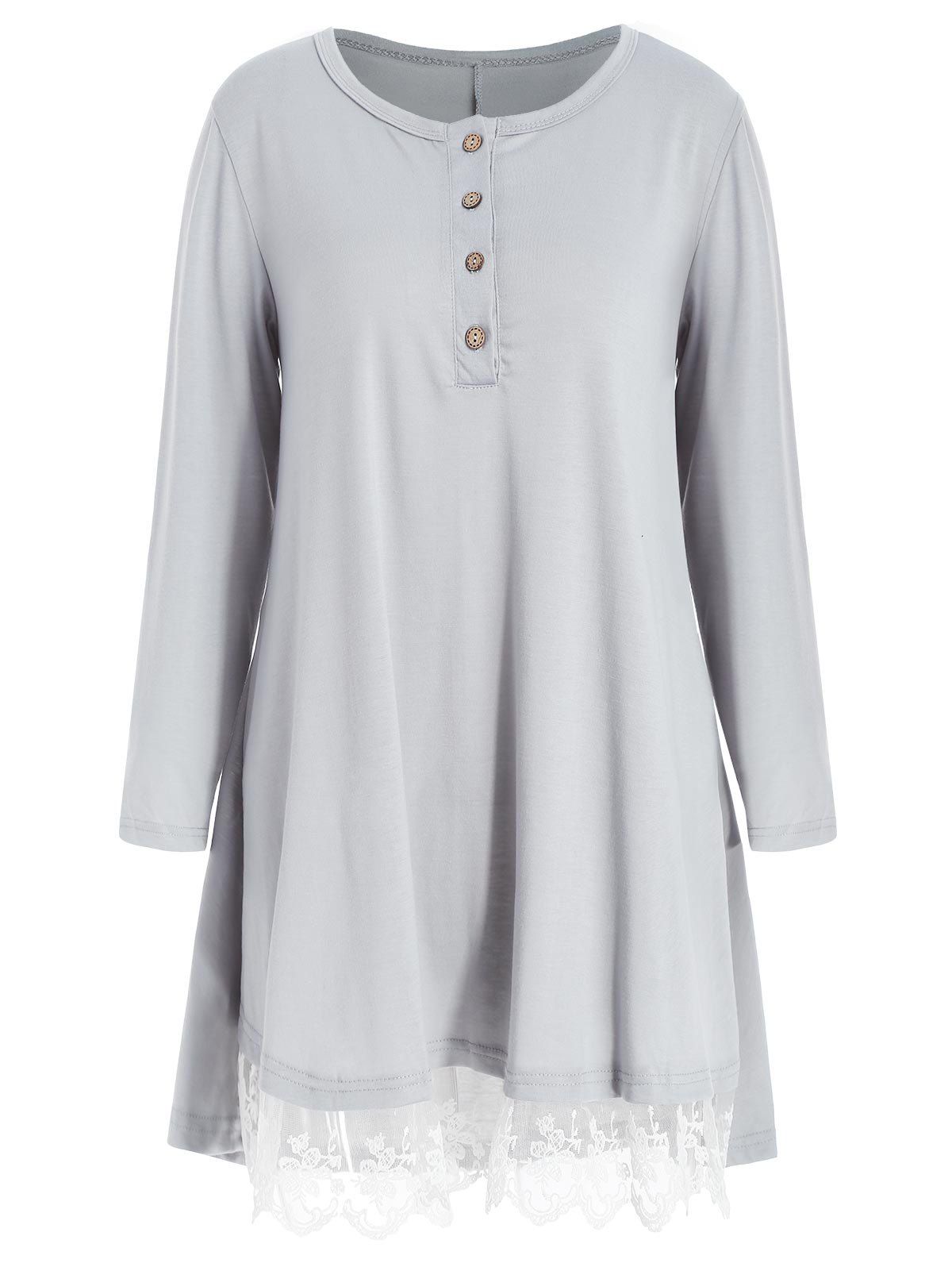 

Button Detail Lace Hem T-shirt, Gray