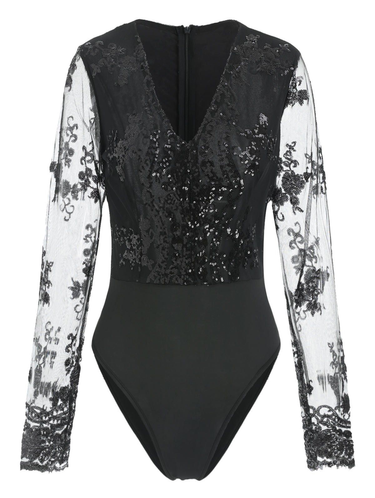 

Long Sleeve Sequin Bodysuit, Black