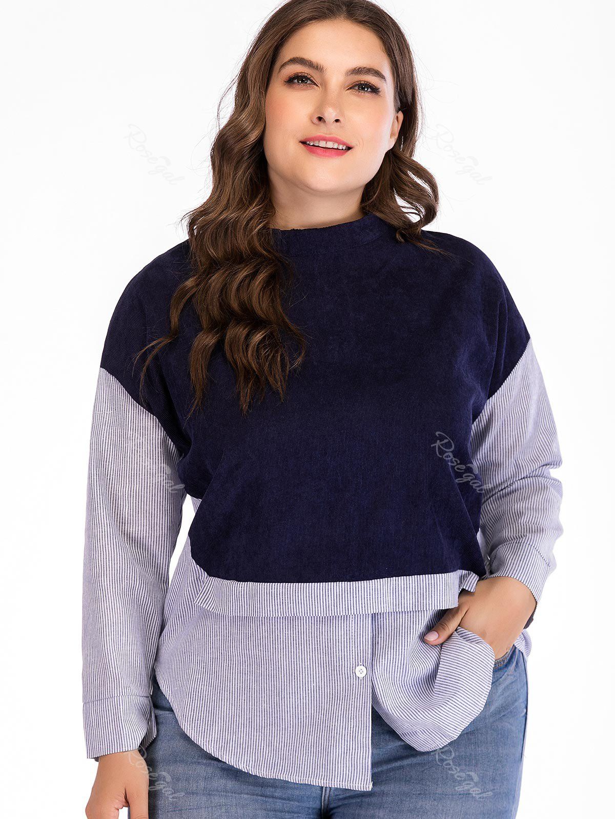 

Striped Panel Plus Size Round Neck Sweatshirt, Midnight blue