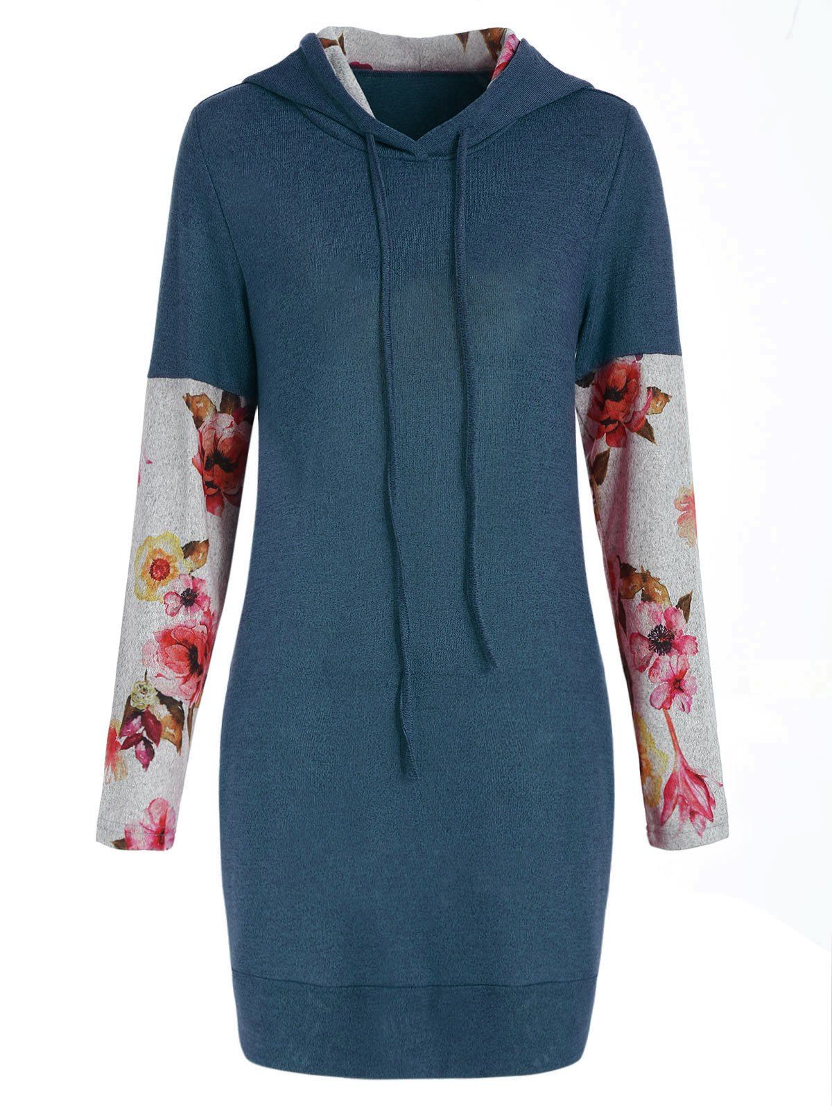 

Drawstring Floral Long Sleeve Hoodie, Blue
