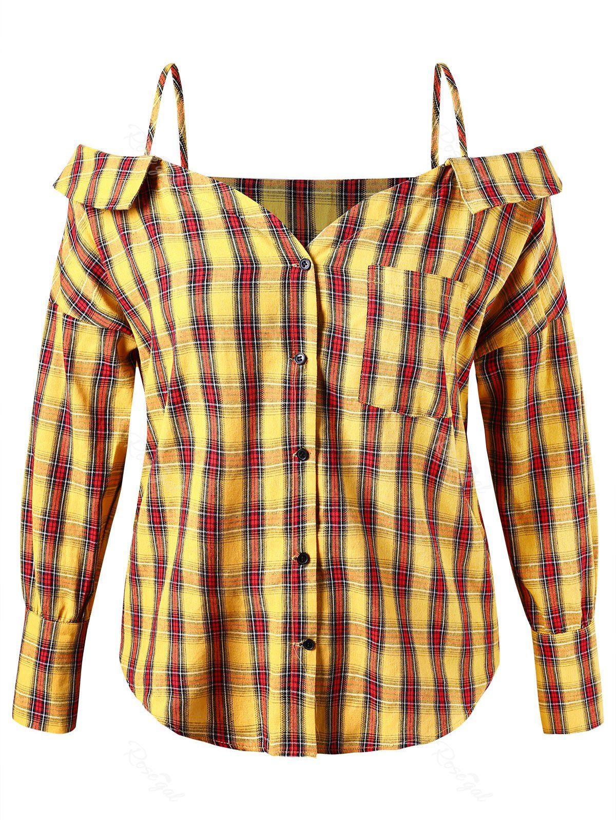 

Plus Size Spaghetti Strap Plaid Button Up Shirt, Yellow
