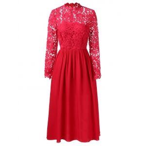 

Lace Insert Full Sleeve Midi Flare Dress, Red