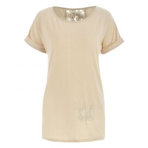 

Stylish Short Sleeve Scoop Neck Lace Embellished Women's T-Shirt, Khaki