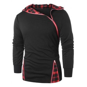 

Zip Embellished Plaid Panel Hoodie, Black