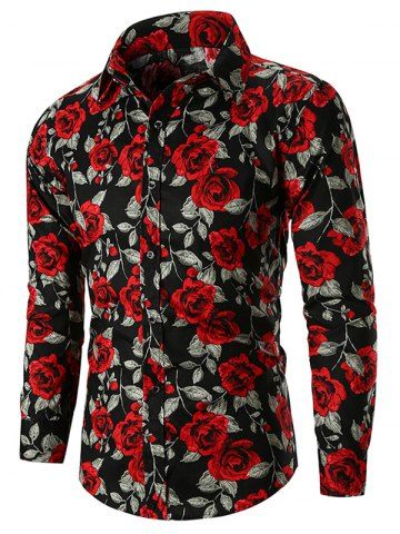Camisa de manga larga con estampado de rosas - BLACK - L