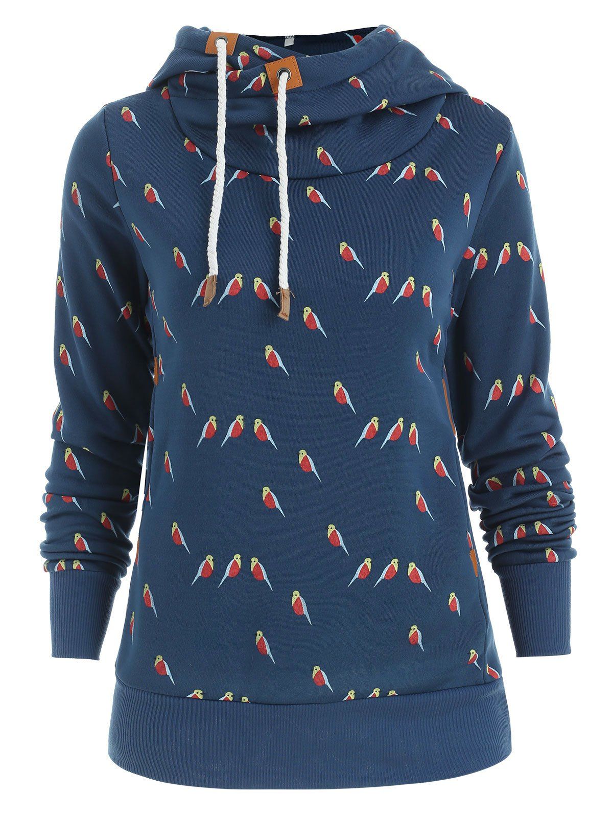 

Sweet Style Hooded Long Sleeve Little Bird Print Women's Hoodie, Blue gray