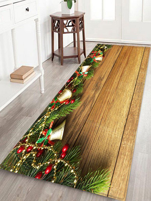 

Christmas Jingle Bell and Board Print Waterproof Floor Mat, Wood