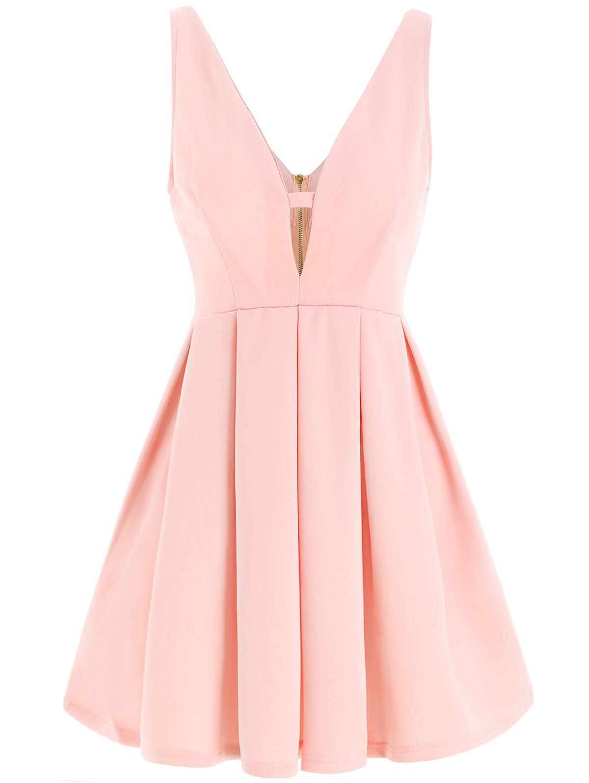 

Fashion Plunging Neck Sleeveless Solid Color Zippered Women' Dress, Pink