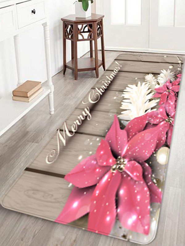 

Christmas Flowers Wood Grain Pattern Water Absorption Area Rug, Multi