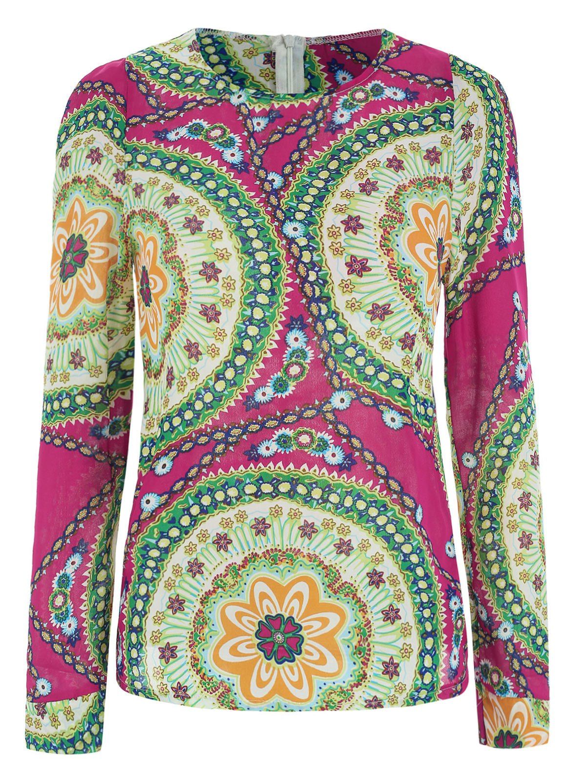 

Ladylike Round Neck Floral Print Long Sleeve Women's Chiffon Shirt, Rose