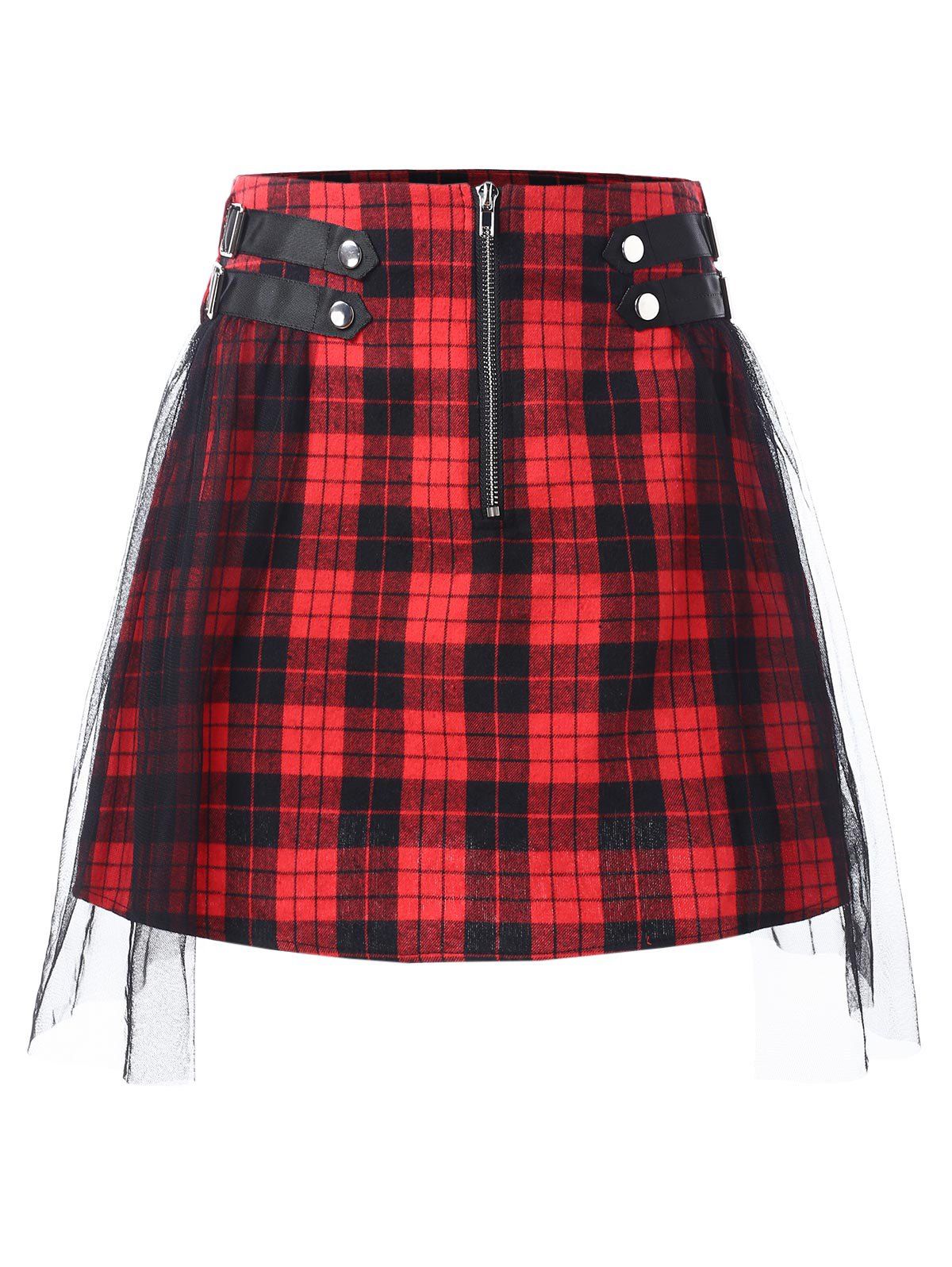 

Mesh Panel Zip Waist Tartan Skirt, Red