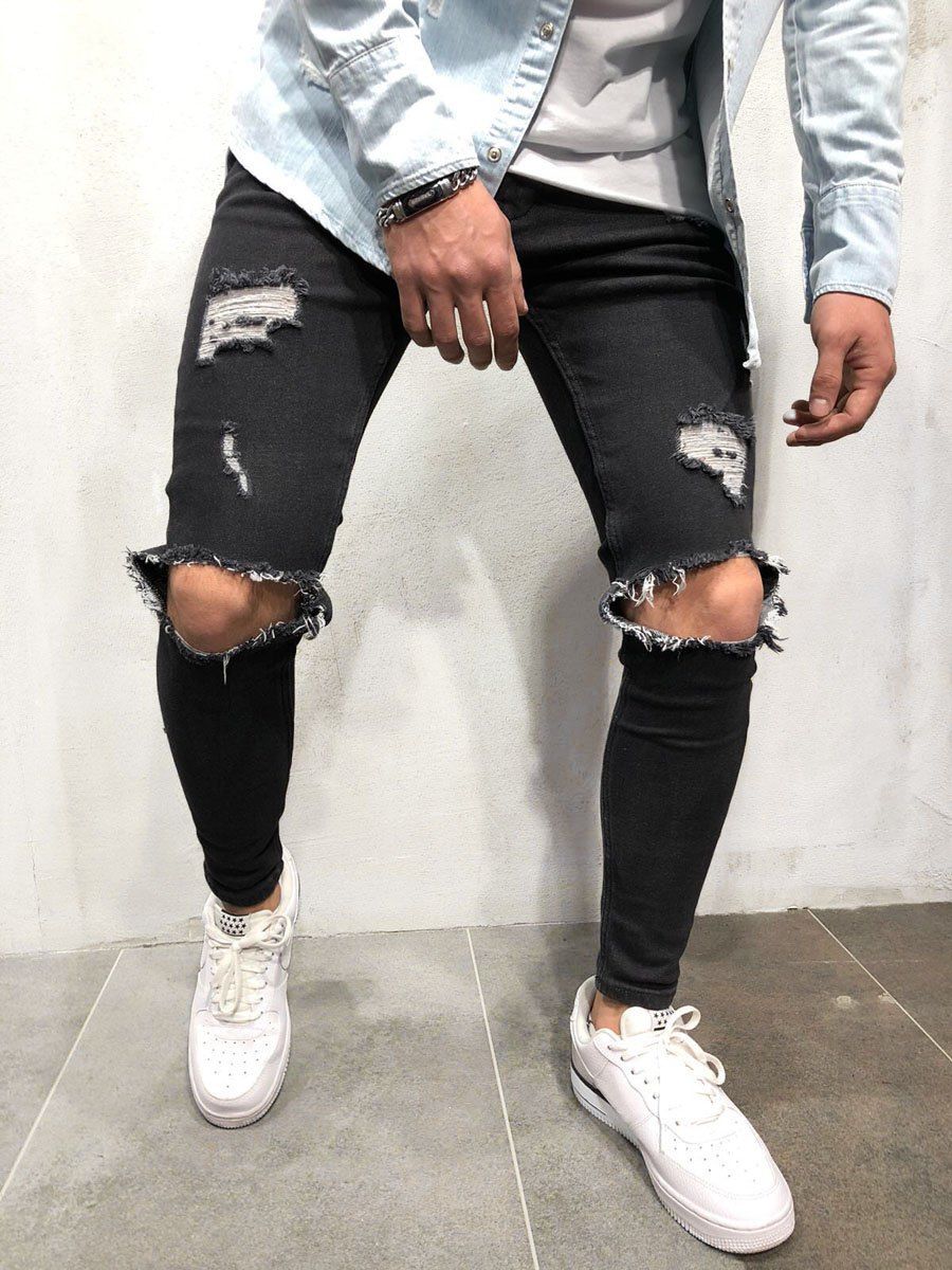Zipper Fly Skinny Denim Jeans, Black