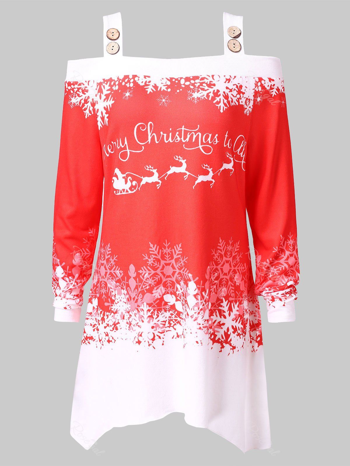 

Plus Size Cold Shoulder Christmas Printed T-shirt, Red