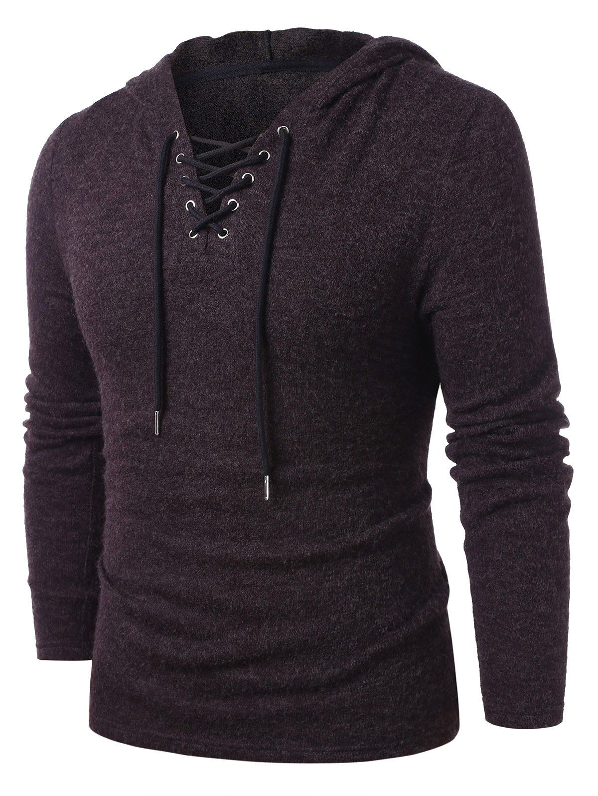 

Lace Up Solid Color Hooded Sweater, Black eel
