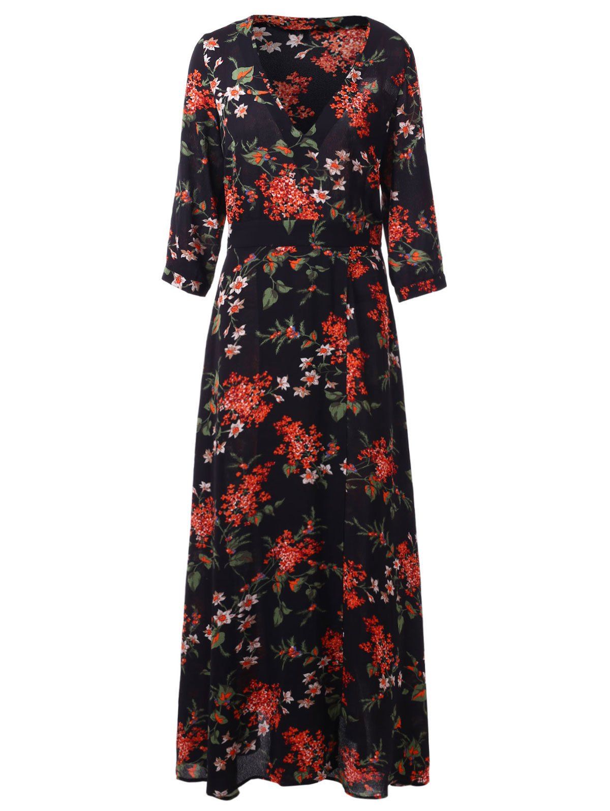 

Floral Print Maxi Surplice Dress, Black