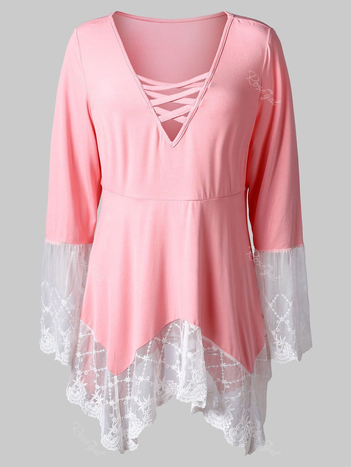 

Criss Cross Plus Size Lace Panel Asymmetrical T-shirt, Pig pink