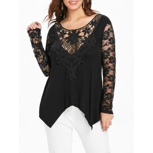 

Plus Size Long Sleeve Lace Panel Asymmetrical T-shirt, Black