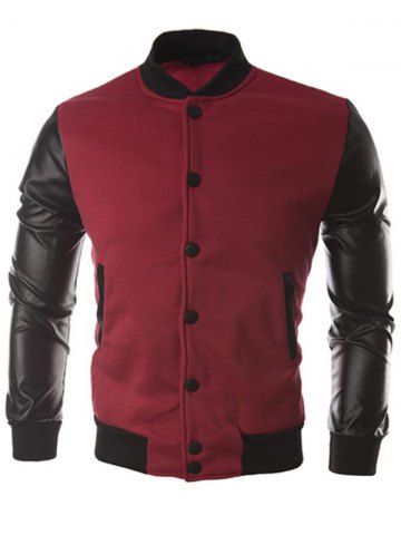 

Faux Leather Sleeve Button Placket Jacket, Red wine