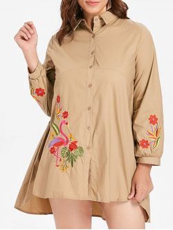 Plus Size Flamingo Embroidery Shirt Dress - LIGHT KHAKI - 4X