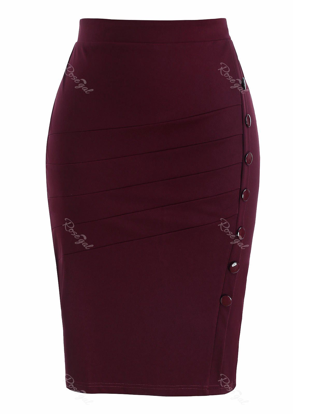 

Plus Size Oblique Button Sheath Skirt, Red wine