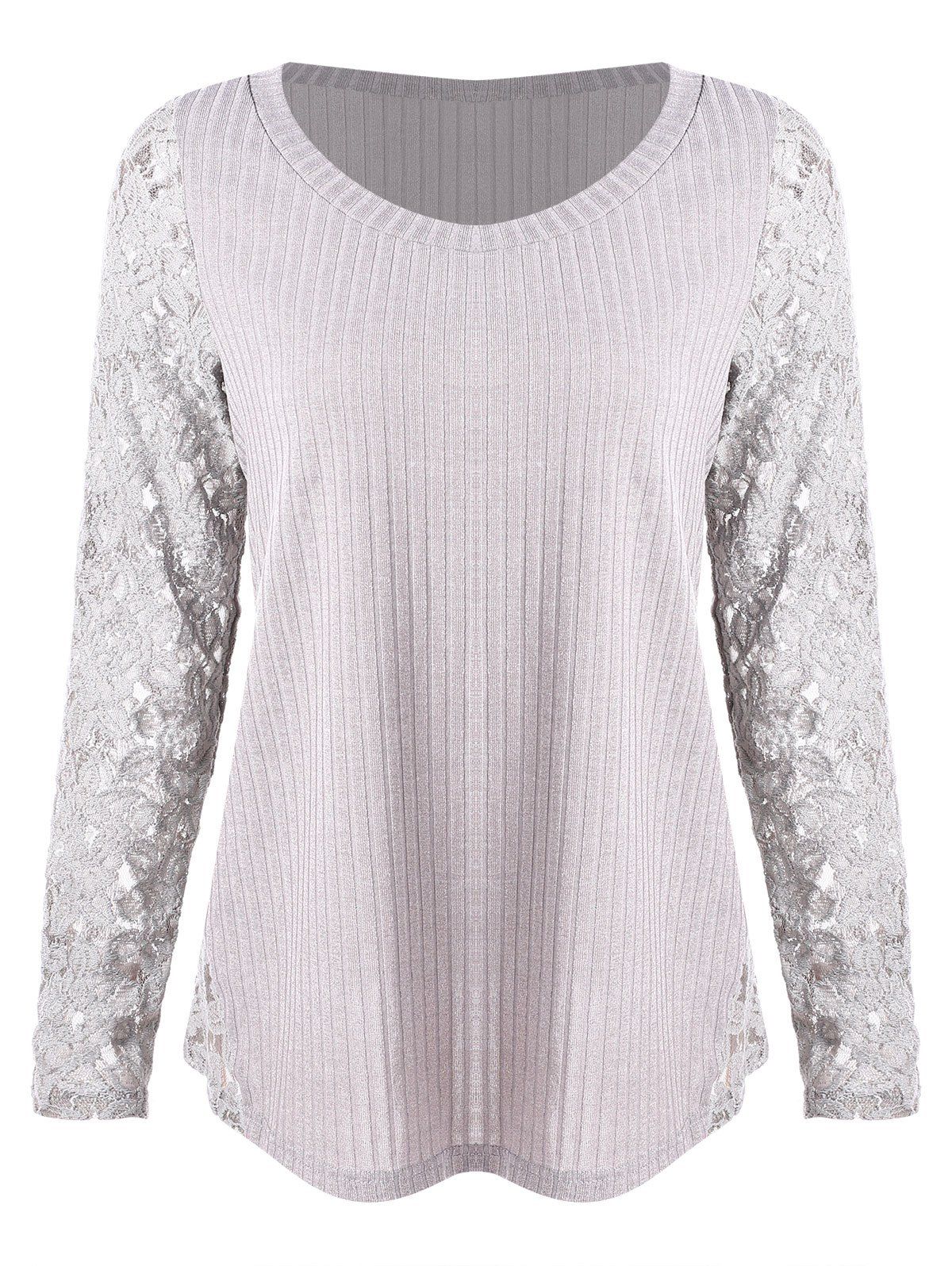 

Crochet Sleeve Knit Ribbed Top, Light gray
