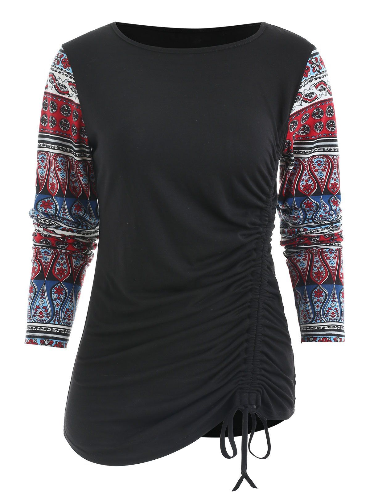 

Long Sleeve Print Drawstring Ruched T-shirt, Black