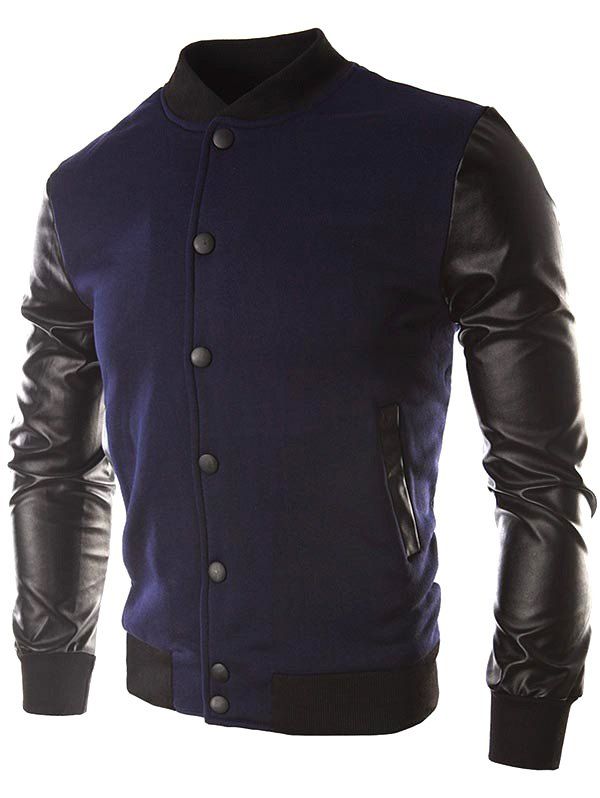 

Faux Leather Sleeve Button Placket Jacket, Cadetblue