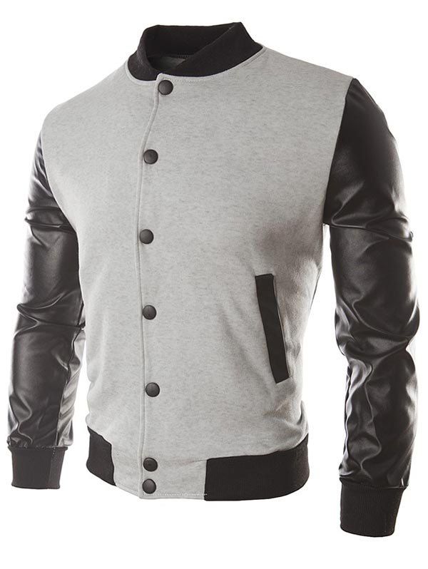

Faux Leather Sleeve Button Placket Jacket, Light gray