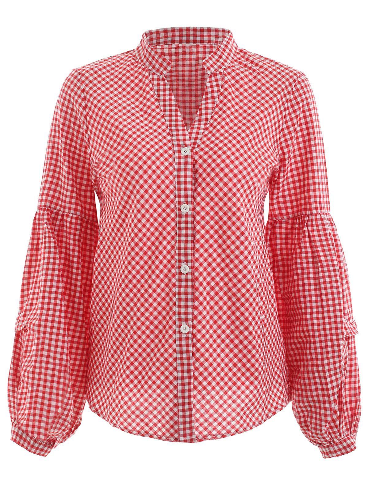 [40% OFF] Gingham Print Balloon Sleeve Shirt | Rosegal