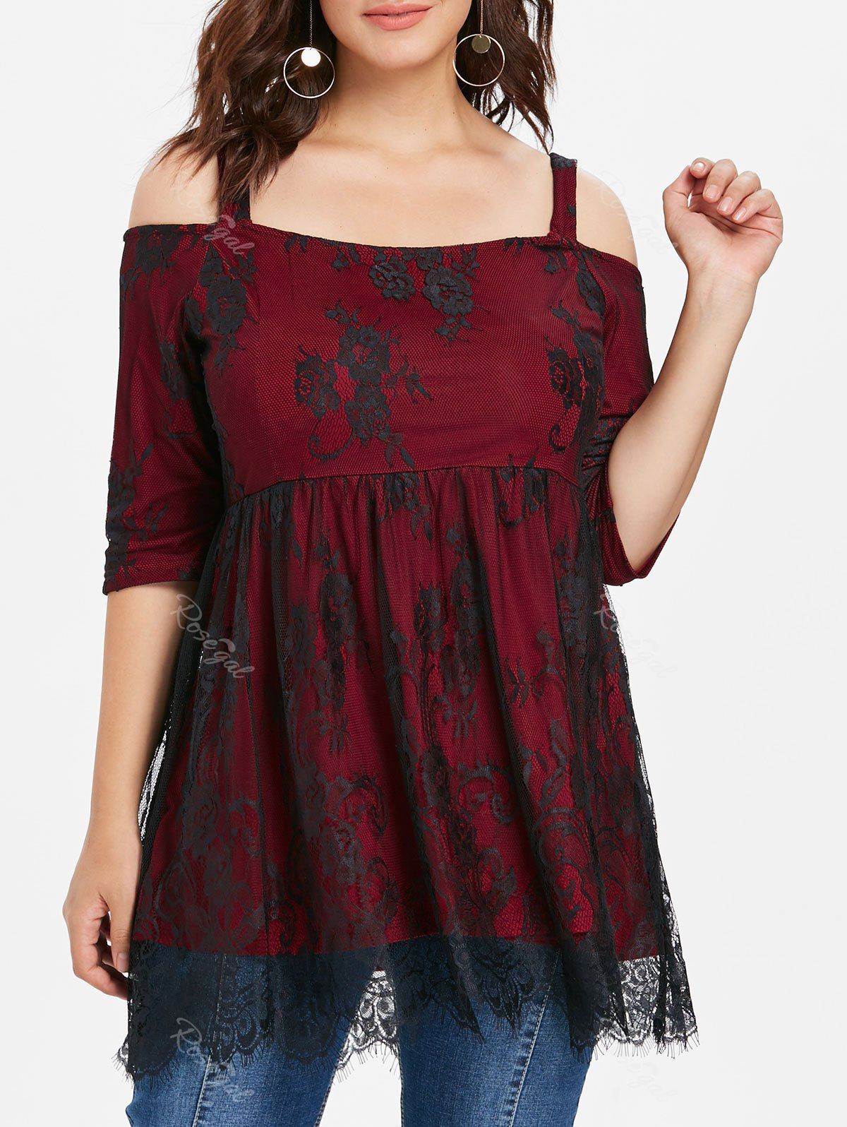 

Plus Size Lace Eyelash Cold Shoulder Top, Red