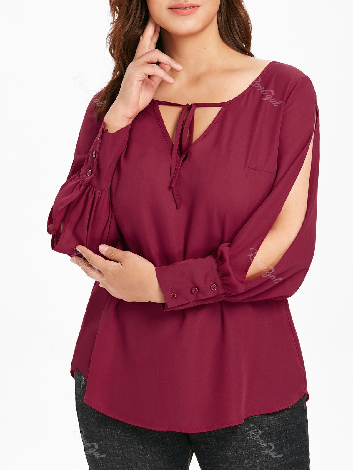 

Plus Size Split Sleeve Chiffon Blouse, Red wine