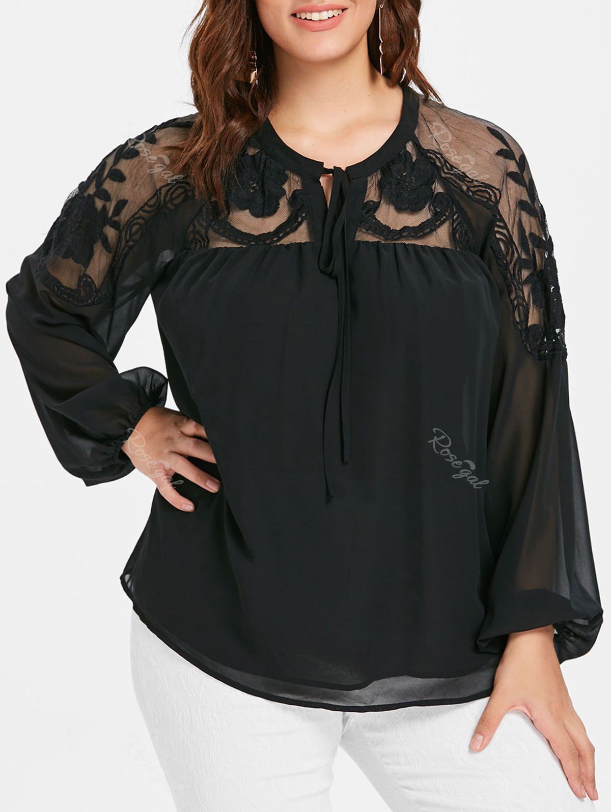 

Plus Size Mesh Panel Keyhole Blouse, Black