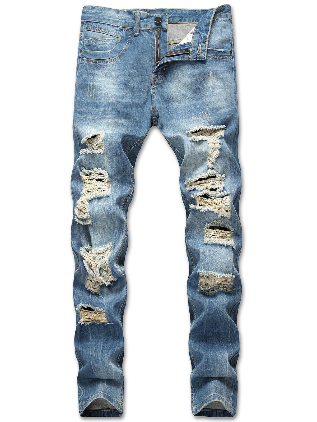 

Zipper Pockets Destructed Whiskers Jeans, Blue ivy