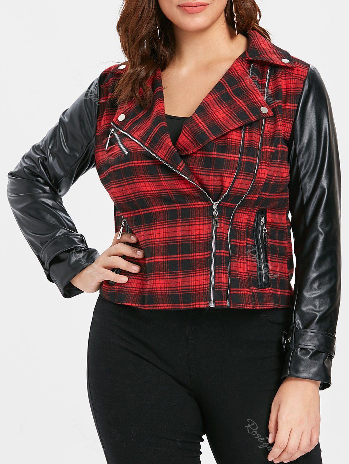 

Plus Size PU Panel Zip Front Plaid Jacket, Red wine