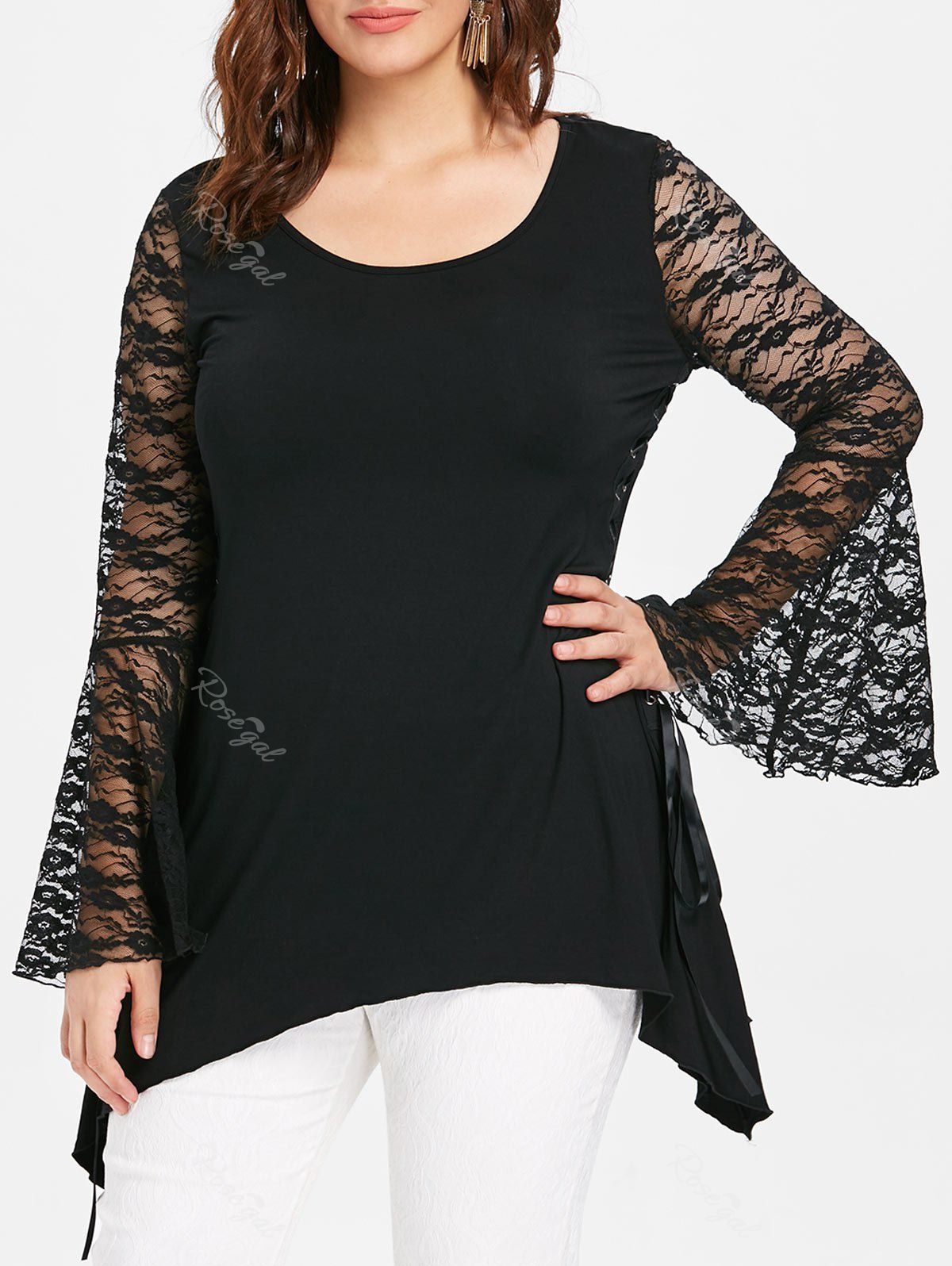 

Halloween Plus Size Lace Panel Lace Up T-shirt, Black