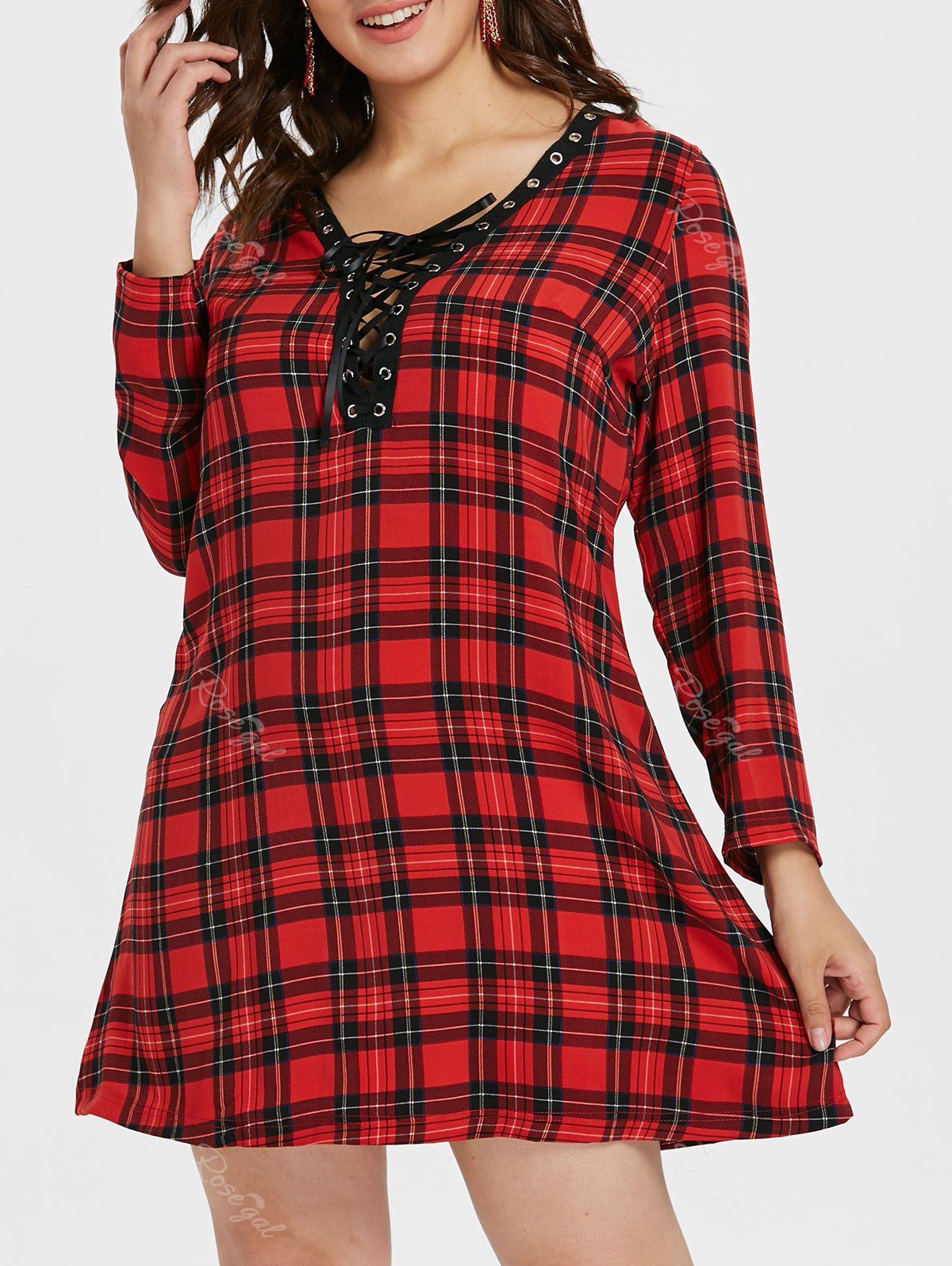 

Plus Size Plaid Lace Up Dress, Red