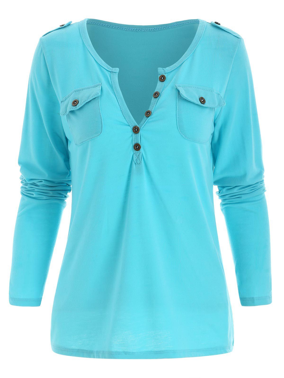 

Sexy V-Neck Long Sleeve Pocket Design Slimming Women' T-Shirt, Blue