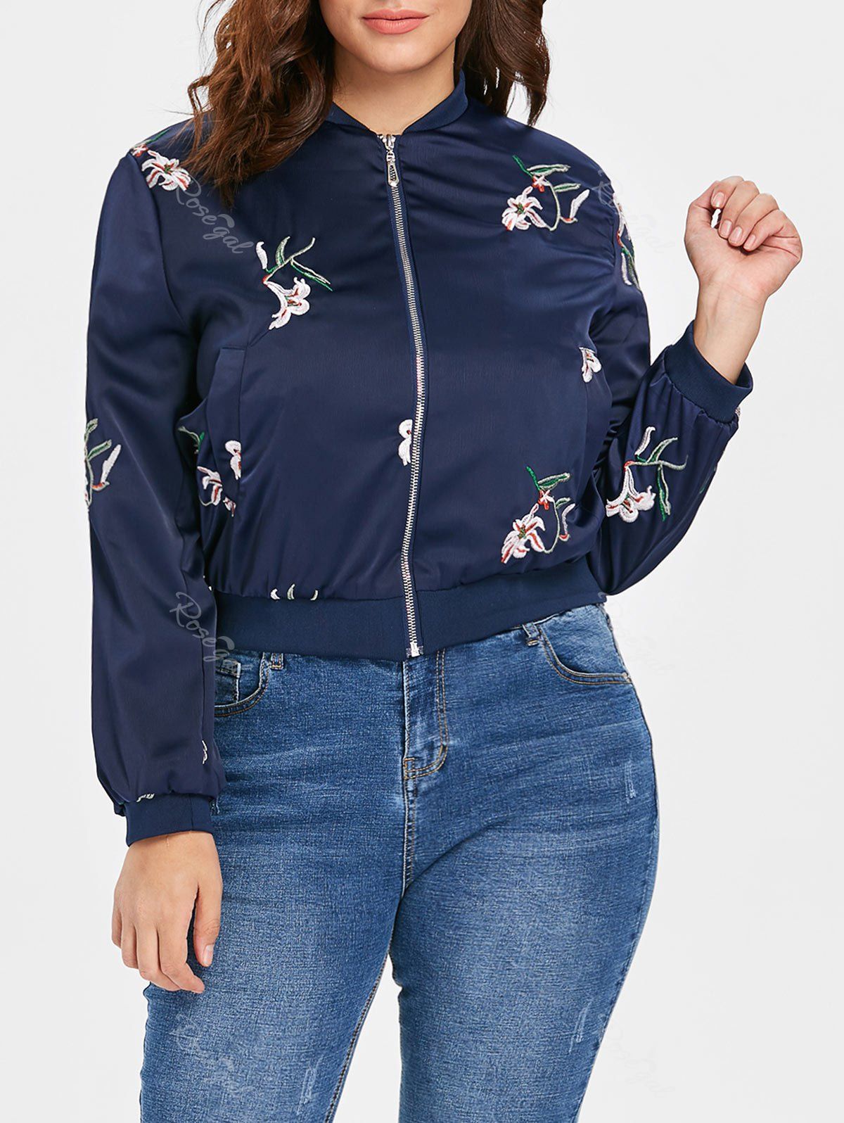 plus size embroidered bomber jacket