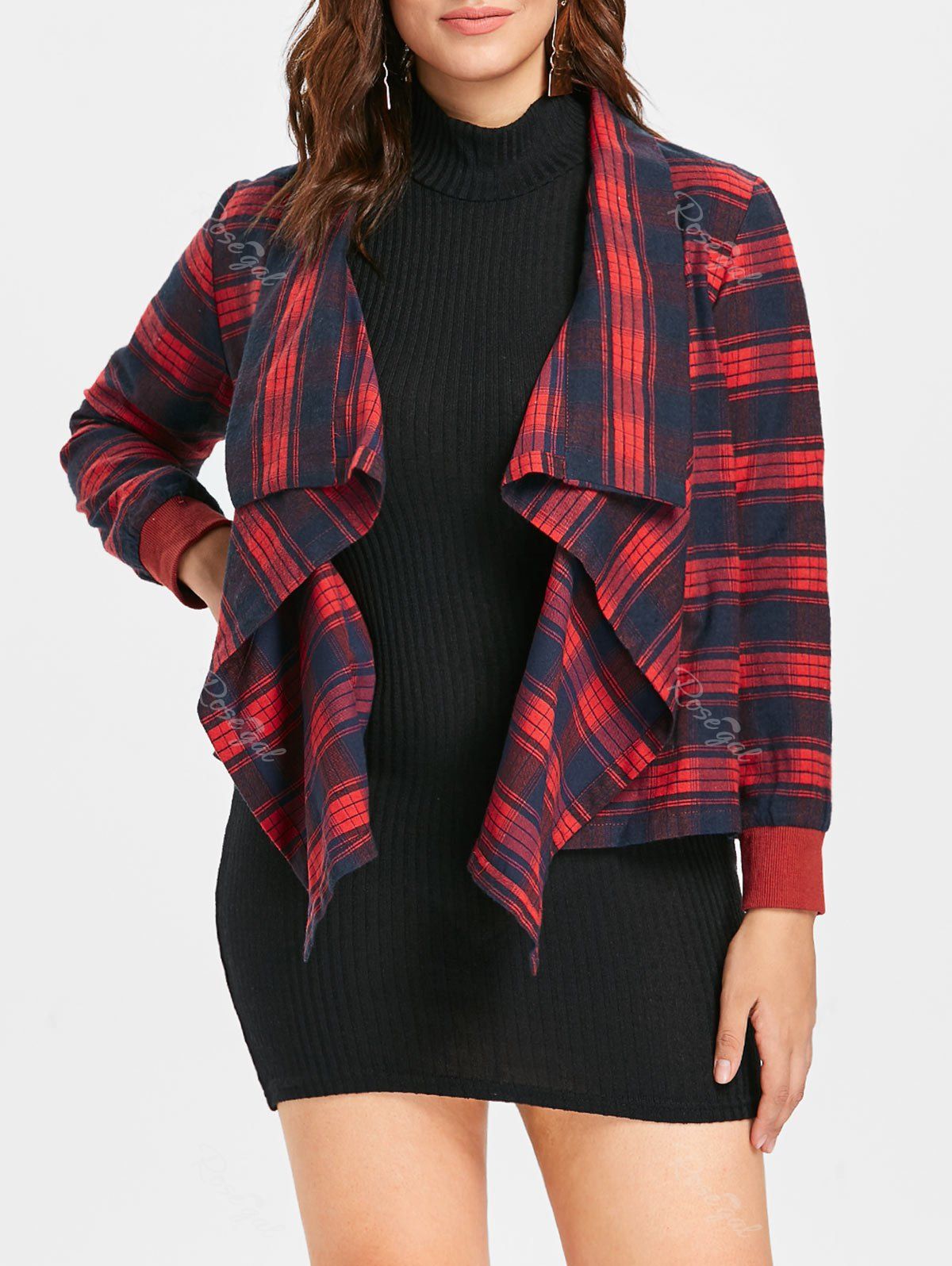 

Plus Size Draped Plaid Jacket, Red