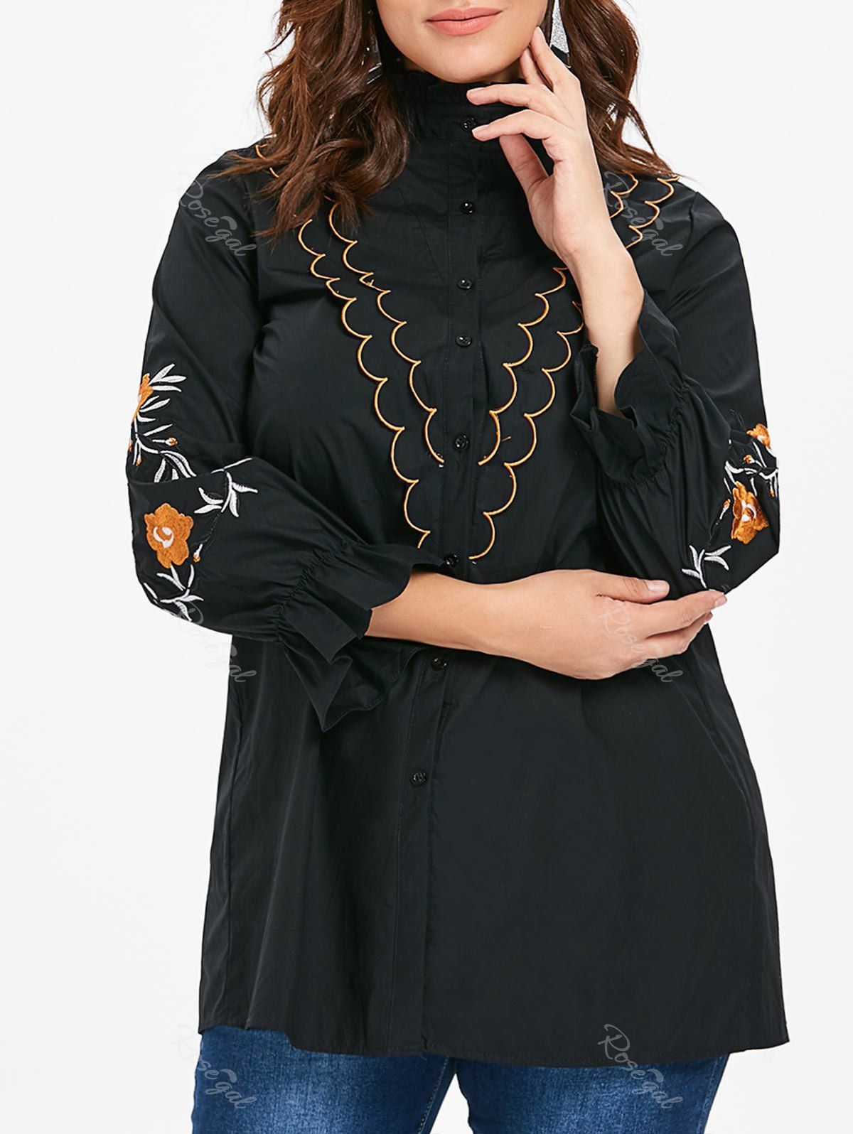 

Ruffle Neck Plus Size Embroidery Sleeve Shirt, Black